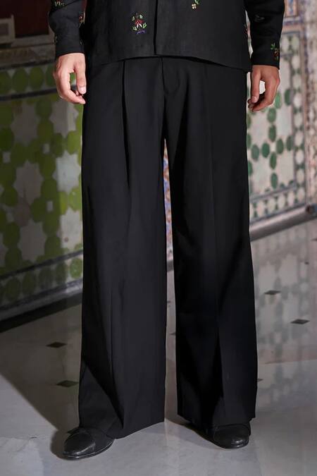 Dash And Dot_Black Polyester, Viscose, Spandex Pleated Wide Leg Pant _Online_at_Aza_Fashions