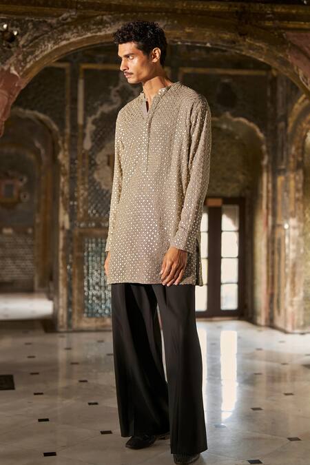 Shop_Dash And Dot_Gray Viscose Metallic Thread Geometric Embroidered Band Collar Kurta _Online_at_Aza_Fashions