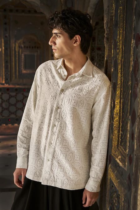Dash And Dot Chikankari Embroidered Organic Cotton Shirt 