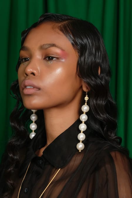 Shop Quod Gold Plated Pearls Tear Drop X5 Earrings at Aza Fashions Shop_Quod_Gold Plated Pearls Tear Drop X5 Earrings _at_Aza_Fashions