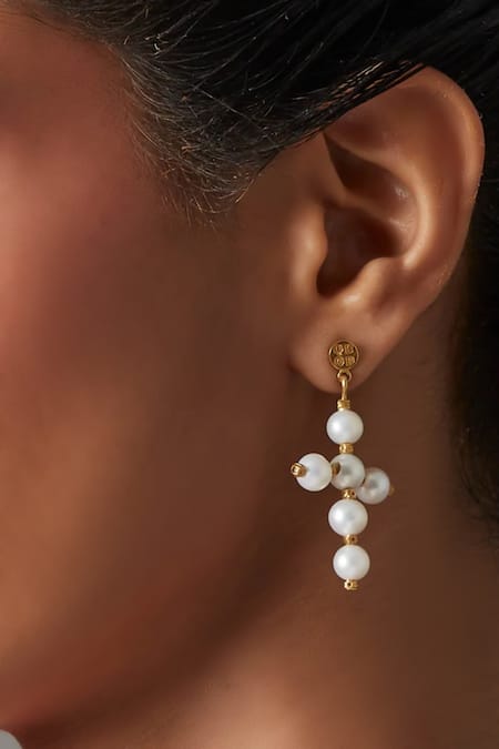 Shop Quod Gold Plated Pearls Mini Cross Earrings at Aza Fashions Shop_Quod_Gold Plated Pearls Mini Cross Earrings _at_Aza_Fashions