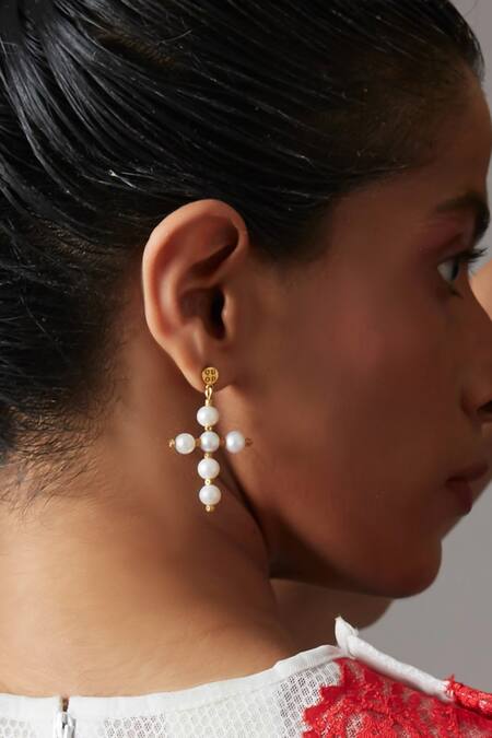 Quod Gold Plated Pearls Mini Cross Earrings Online at Aza Fashions Quod_Gold Plated Pearls Mini Cross Earrings _Online_at_Aza_Fashions