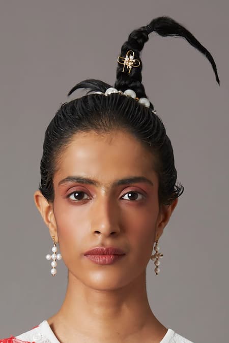 Shop Quod Gold Plated Pearls Mini Cross Earrings Online at Aza Fashions Shop_Quod_Gold Plated Pearls Mini Cross Earrings _Online_at_Aza_Fashions