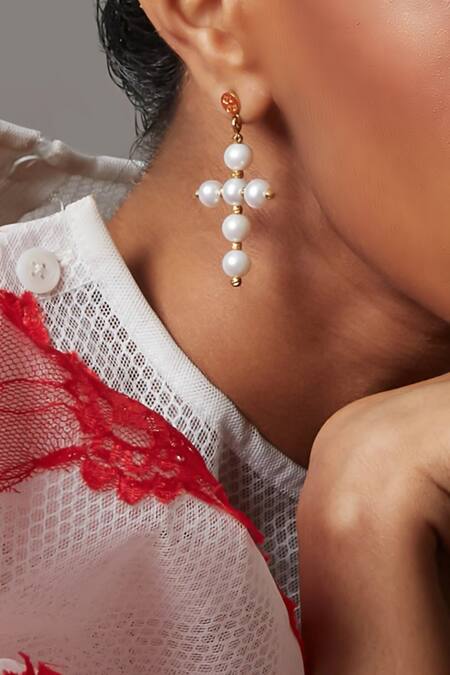 Quod Gold Plated Pearls Mini Cross Earrings at Aza Fashions Quod_Gold Plated Pearls Mini Cross Earrings _at_Aza_Fashions