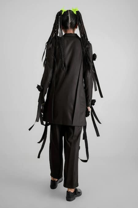 Shop Quod Black Suiting, Polyester, Viscose Fabric Flowers, Ribbons V-neck Garden Jacket at Aza Fashions Shop_Quod_Black Suiting, Polyester, Viscose Fabric Flowers, Ribbons V-neck Garden Jacket _at_Aza_Fashions