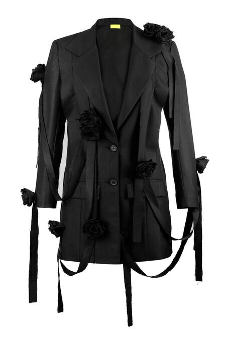 Buy Quod Black Suiting, Polyester, Viscose Fabric Flowers, Ribbons V-neck Garden Jacket Online at Aza Fashions Buy_Quod_Black Suiting, Polyester, Viscose Fabric Flowers, Ribbons V-neck Garden Jacket _Online_at_Aza_Fashions