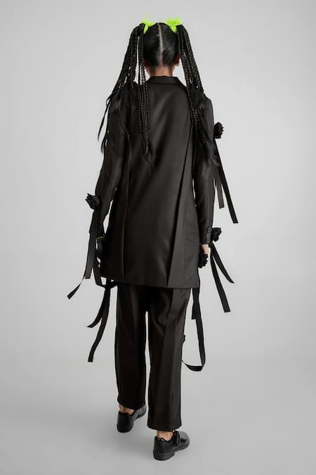 Shop Quod Black Polyester, Viscose, Suiting Fabric Flowers, Ribbons Garden Pant at Aza Fashions Shop_Quod_Black Polyester, Viscose, Suiting Fabric Flowers, Ribbons Garden Pant _at_Aza_Fashions