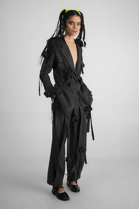 Quod Black Polyester, Viscose, Suiting Fabric Flowers, Ribbons Garden Pant Online at Aza Fashions Quod_Black Polyester, Viscose, Suiting Fabric Flowers, Ribbons Garden Pant _Online_at_Aza_Fashions