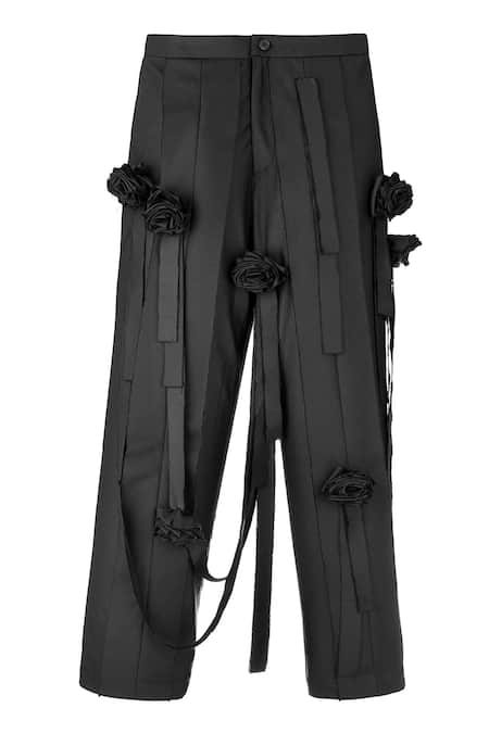 Buy Quod Black Polyester, Viscose, Suiting Fabric Flowers, Ribbons Garden Pant Online at Aza Fashions Buy_Quod_Black Polyester, Viscose, Suiting Fabric Flowers, Ribbons Garden Pant _Online_at_Aza_Fashions