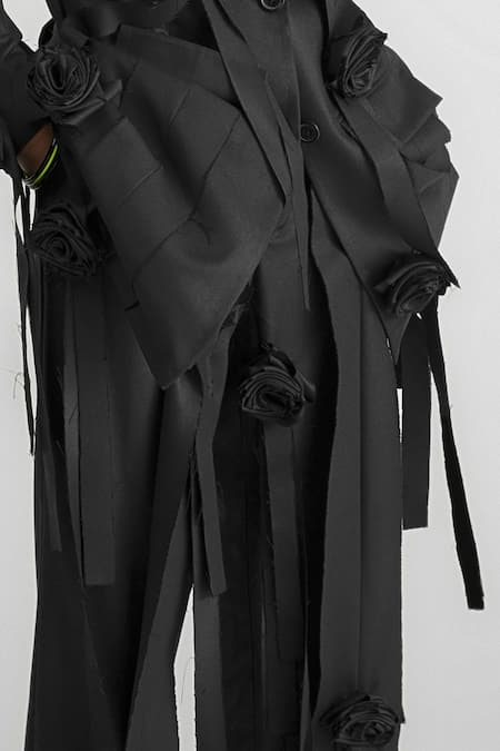 Shop Quod Black Polyester, Viscose, Suiting Fabric Flowers, Ribbons Garden Pant Online at Aza Fashions Shop_Quod_Black Polyester, Viscose, Suiting Fabric Flowers, Ribbons Garden Pant _Online_at_Aza_Fashions