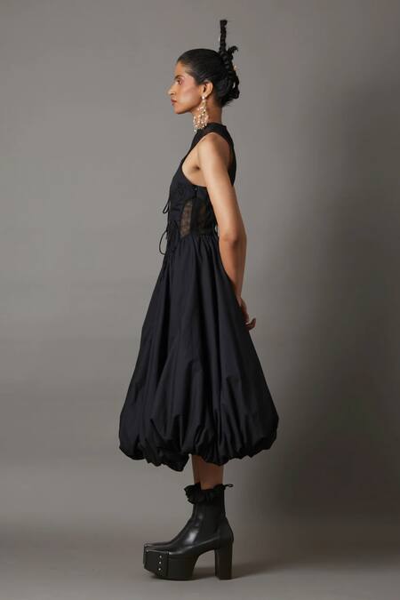 Quod_Black Cotton, Nylon High Neck Billow Dress _Online_at_Aza_Fashions