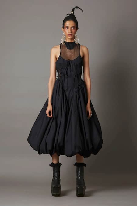 Buy_Quod_Black Cotton, Nylon High Neck Billow Dress _Online_at_Aza_Fashions