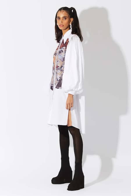 Quod White Cotton, Poplin Collared Girl With Ruff Dress Online at Aza Fashions Quod_White Cotton, Poplin Collared Girl With Ruff Dress _Online_at_Aza_Fashions