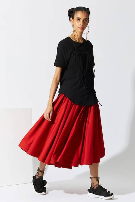 Quod Red Cotton Flared Skirt 