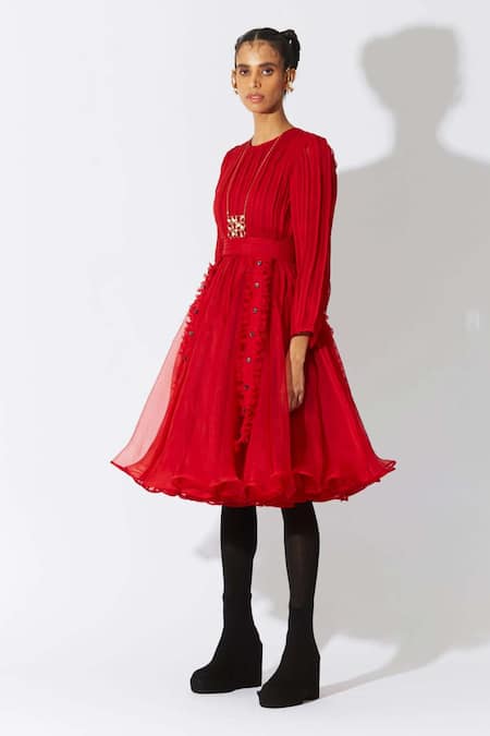 Quod Red Silk Organza Ruffles, Bows, Buckles Round Neck Bottlebrush Dress Online at Aza Fashions Quod_Red Silk Organza Ruffles, Bows, Buckles Round Neck Bottlebrush Dress _Online_at_Aza_Fashions