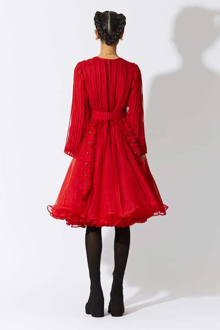 Shop Quod Red Silk Organza Ruffles, Bows, Buckles Round Neck Bottlebrush Dress at Aza Fashions Shop_Quod_Red Silk Organza Ruffles, Bows, Buckles Round Neck Bottlebrush Dress _at_Aza_Fashions