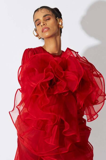 Buy Quod Red Silk Organza Ruffles, Bows, Buckles Round Neck Bottlebrush Dress Online at Aza Fashions Buy_Quod_Red Silk Organza Ruffles, Bows, Buckles Round Neck Bottlebrush Dress _Online_at_Aza_Fashions