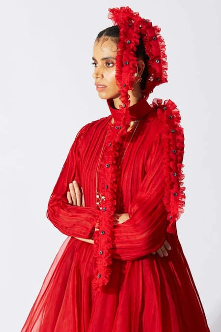 Shop Quod Red Silk Organza Ruffles, Bows, Buckles Round Neck Bottlebrush Dress Online at Aza Fashions Shop_Quod_Red Silk Organza Ruffles, Bows, Buckles Round Neck Bottlebrush Dress _Online_at_Aza_Fashions