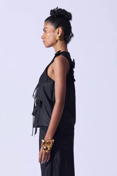 Quod Black Suiting, Polyester, Viscose V-neck Garden Applique Vest Online at Aza Fashions Quod_Black Suiting, Polyester, Viscose V-neck Garden Applique Vest _Online_at_Aza_Fashions