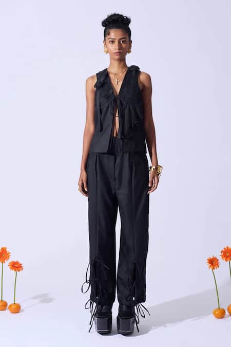 Buy Quod Black Suiting, Polyester, Viscose V-neck Garden Applique Vest Online at Aza Fashions Buy_Quod_Black Suiting, Polyester, Viscose V-neck Garden Applique Vest _Online_at_Aza_Fashions