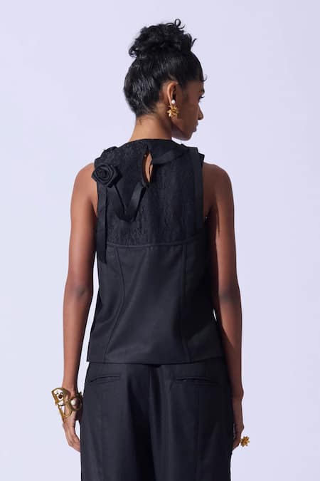Shop Quod Black Suiting, Polyester, Viscose V-neck Garden Applique Vest at Aza Fashions Shop_Quod_Black Suiting, Polyester, Viscose V-neck Garden Applique Vest _at_Aza_Fashions