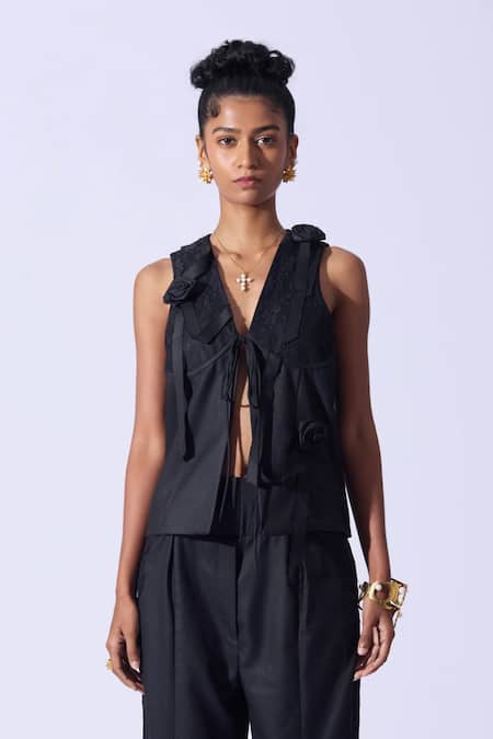 Shop Quod Black Suiting, Polyester, Viscose V-neck Garden Applique Vest Online at Aza Fashions Shop_Quod_Black Suiting, Polyester, Viscose V-neck Garden Applique Vest _Online_at_Aza_Fashions