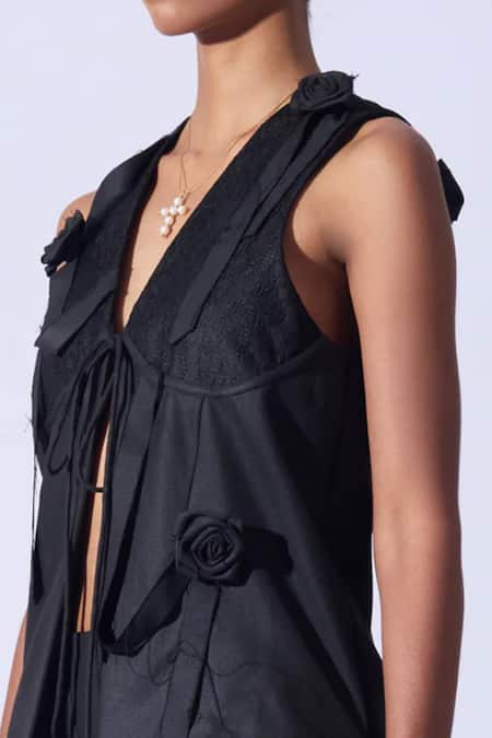 Quod Black Suiting, Polyester, Viscose V-neck Garden Applique Vest at Aza Fashions Quod_Black Suiting, Polyester, Viscose V-neck Garden Applique Vest _at_Aza_Fashions