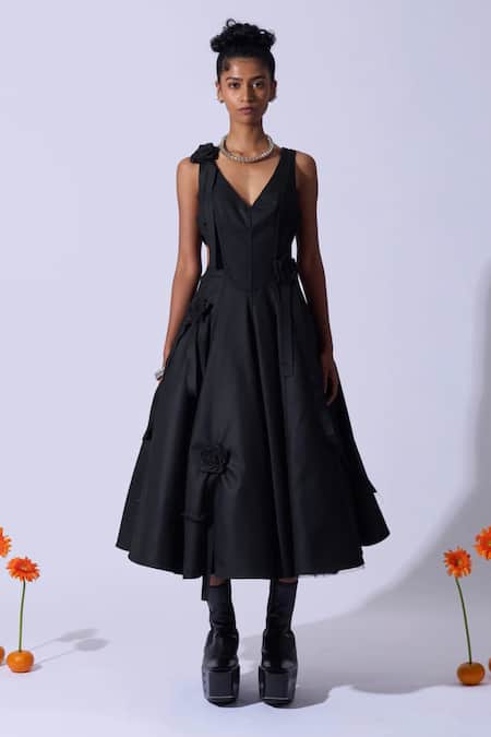 Buy_Quod_Black Polyester, Viscose, Nylon, Suiting Fabric Flowers Garden Applique Dress _Online_at_Aza_Fashions