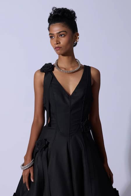 Quod_Black Polyester, Viscose, Nylon, Suiting Fabric Flowers Garden Applique Dress _at_Aza_Fashions