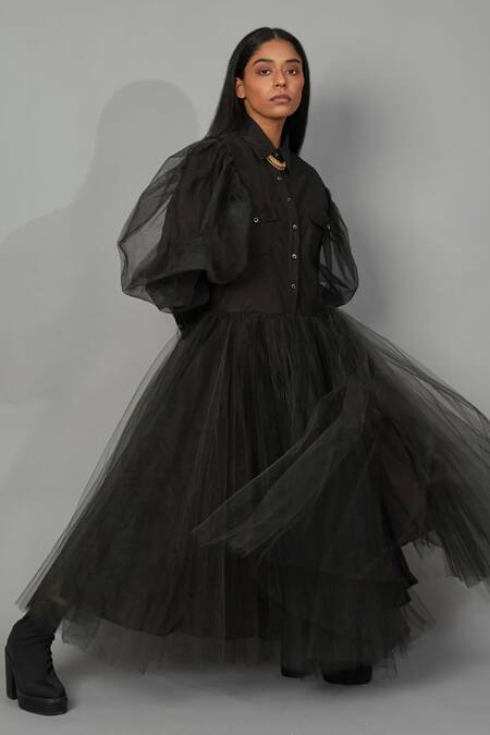 Quod_Black Tulle, Poplin Collared Wolf Wing Dress _Online_at_Aza_Fashions