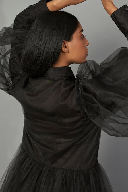 Shop_Quod_Black Tulle, Poplin Collared Wolf Wing Dress _Online_at_Aza_Fashions