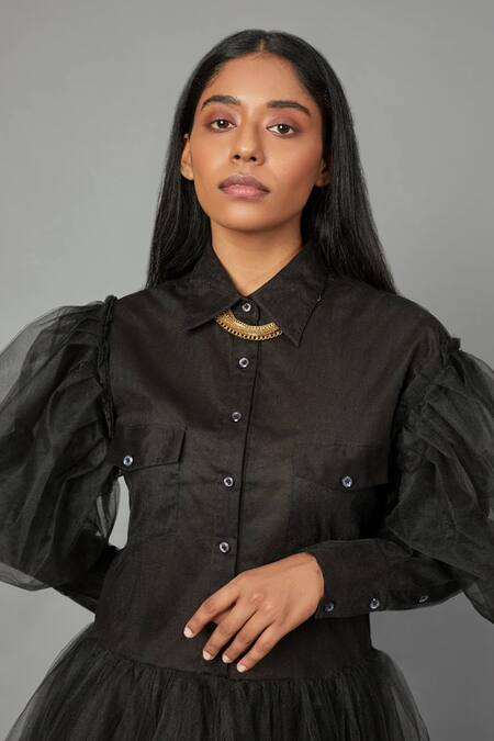 Quod_Black Tulle, Poplin Collared Wolf Wing Dress _at_Aza_Fashions