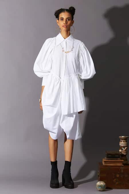 Quod_White Cotton Collared, Button-down Neck Wolf Wing Sleeve Shirt Dress _Online_at_Aza_Fashions