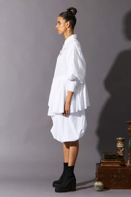 Buy_Quod_White Cotton Collared, Button-down Neck Wolf Wing Sleeve Shirt Dress _Online_at_Aza_Fashions