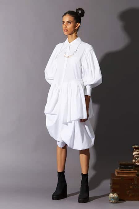 Shop_Quod_White Cotton Collared, Button-down Neck Wolf Wing Sleeve Shirt Dress _Online_at_Aza_Fashions
