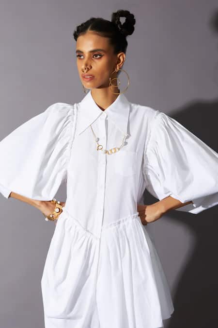 Quod_White Cotton Collared, Button-down Neck Wolf Wing Sleeve Shirt Dress _at_Aza_Fashions