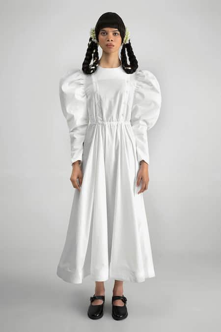 Buy_Quod_White Cotton, Poplin Round Neck Wolf Wing Shirt Dress _Online_at_Aza_Fashions
