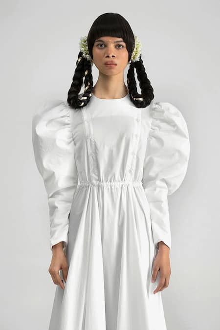 Shop_Quod_White Cotton, Poplin Round Neck Wolf Wing Shirt Dress _Online_at_Aza_Fashions