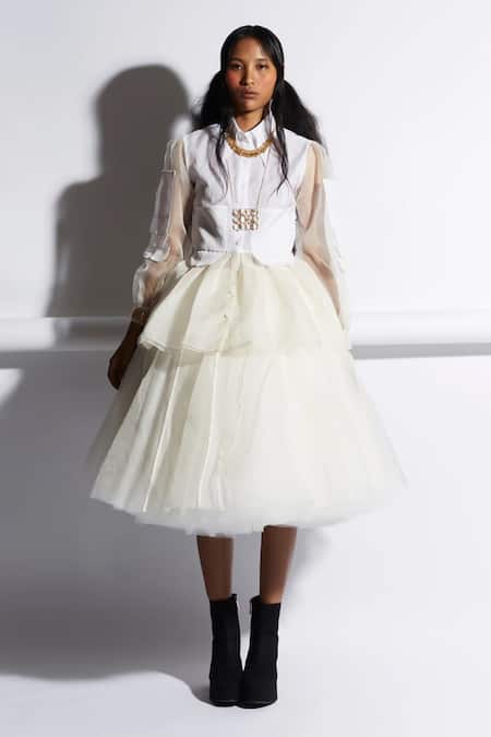 Quod_Ivory Silk Organza, Tulle Valley Skirt _Online_at_Aza_Fashions