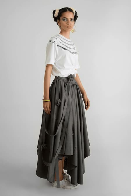 Quod_Gray Polyester, Viscose, Suiting Fabric Flowers Foliage Garden Skirt _Online_at_Aza_Fashions