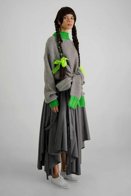 Shop_Quod_Gray Polyester, Viscose, Suiting Fabric Flowers Foliage Garden Skirt _Online_at_Aza_Fashions