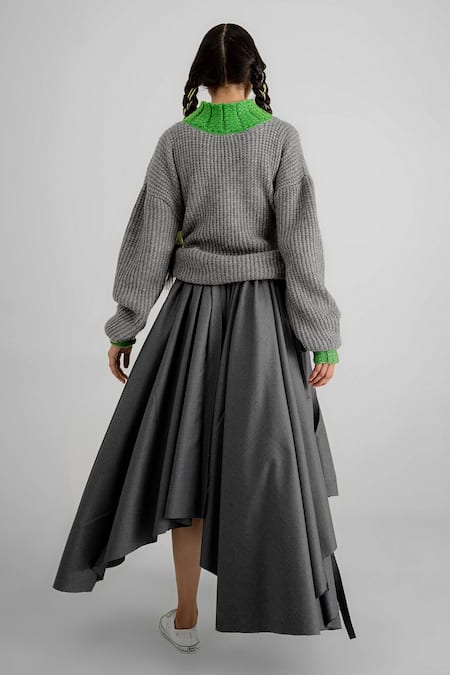 Buy_Quod_Gray Polyester, Viscose, Suiting Fabric Flowers Foliage Garden Skirt 