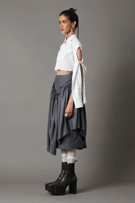 Quod_Gray Polyester, Viscose, Suiting Draped Skirt _Online_at_Aza_Fashions