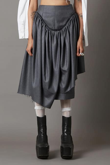 Buy_Quod_Gray Polyester, Viscose, Suiting Draped Skirt _Online_at_Aza_Fashions