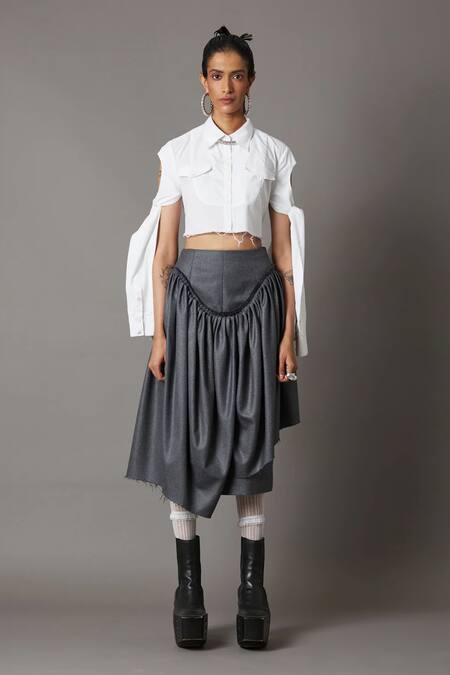 Shop_Quod_Gray Polyester, Viscose, Suiting Draped Skirt _Online_at_Aza_Fashions