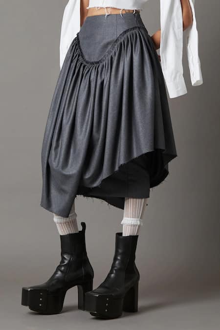 Quod_Gray Polyester, Viscose, Suiting Draped Skirt _at_Aza_Fashions