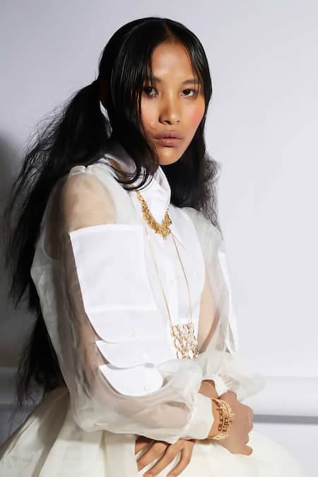 Quod_Ivory Silk Organza Collared Trench Shirt _Online_at_Aza_Fashions