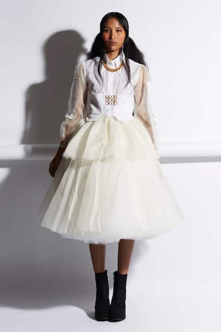 Shop_Quod_Ivory Silk Organza Collared Trench Shirt _Online_at_Aza_Fashions