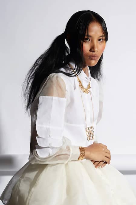 Quod_Ivory Silk Organza Collared Trench Shirt _at_Aza_Fashions