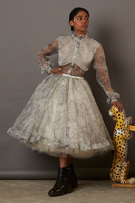 Quod_White Tulle, Organza Multi Face Skirt _Online_at_Aza_Fashions